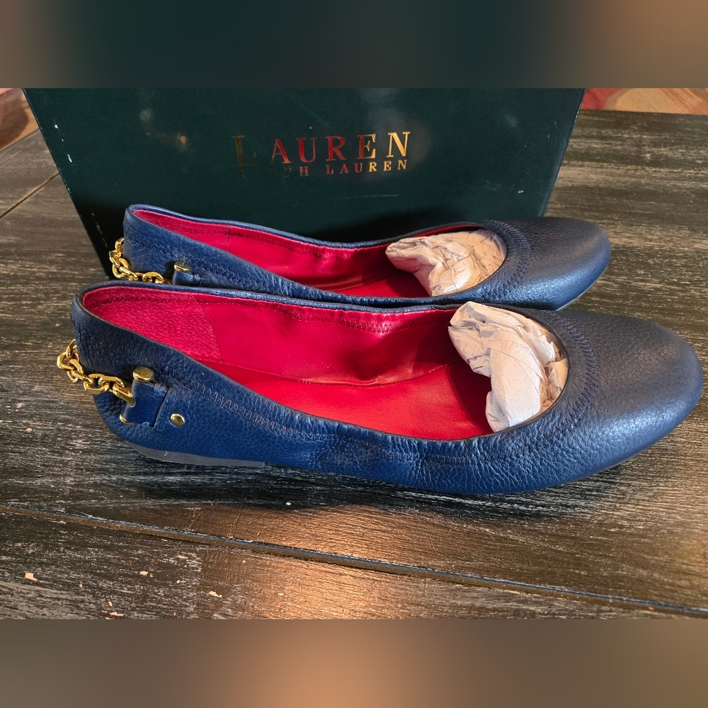 Lauren Ralph Women's Navy Blue Slip-on Leather Ballet Flats - Picture 2 of 5